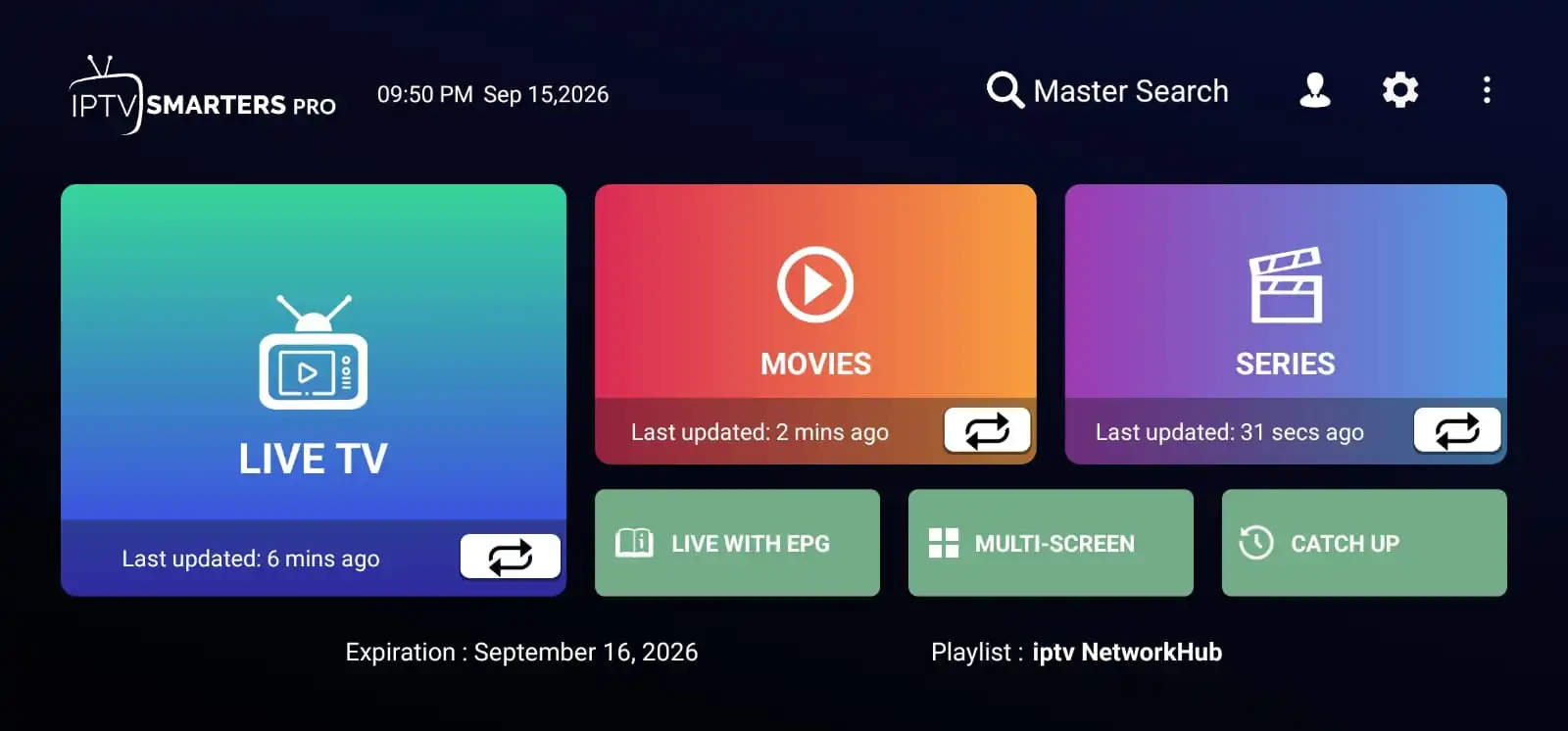 IPTV player interface showing live TV categories and streaming content