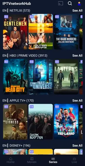 IPTVNetworkHub app showing live TV and on-demand movie rows