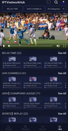 IPTVNetworkHub app on a tablet showing on-demand rows