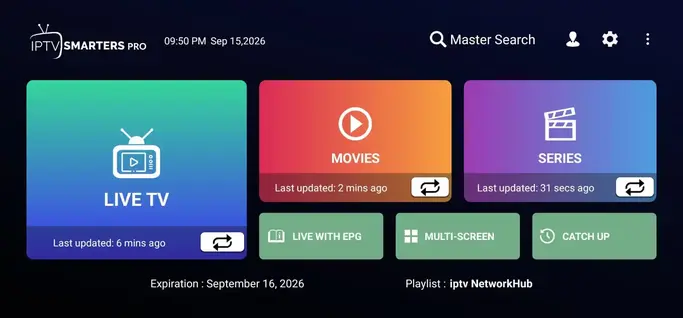 IPTVNetworkHub live guide on a smart TV
